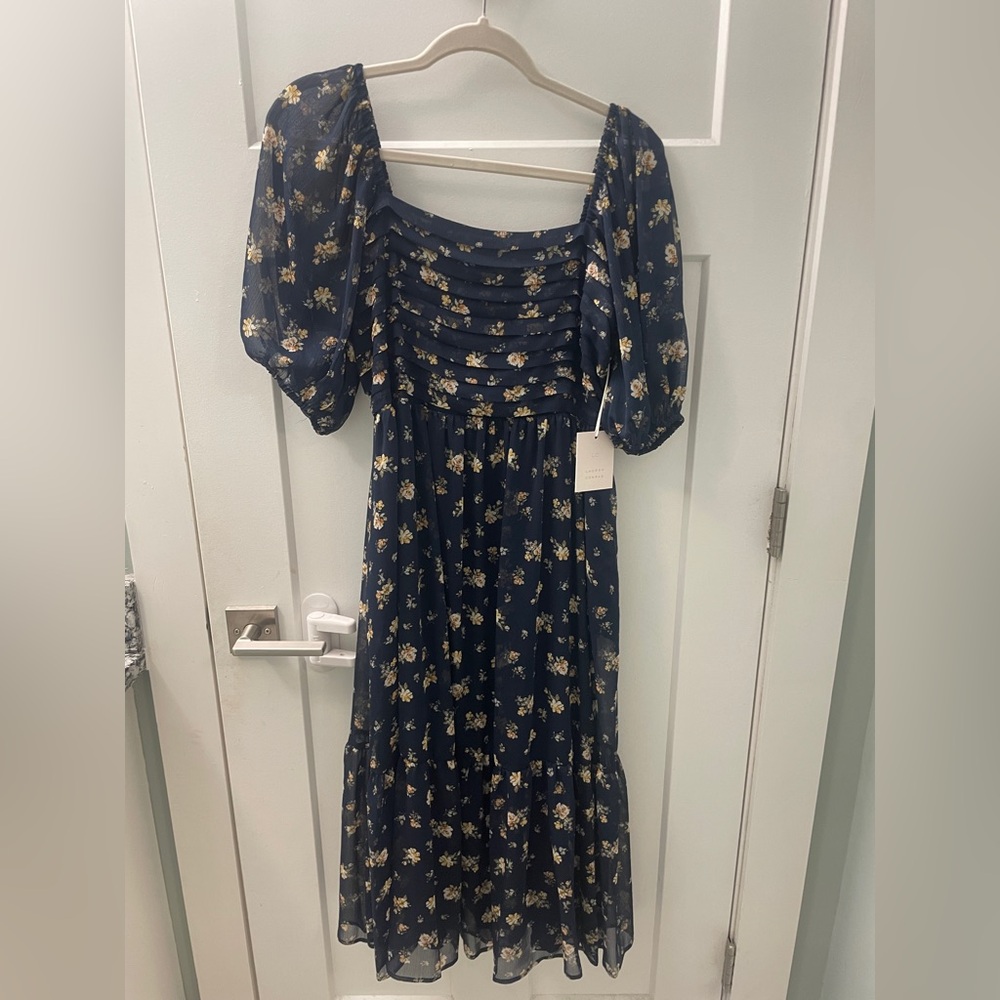 LC Lauren Conrad Navy and Yellow Floral Midi Dress